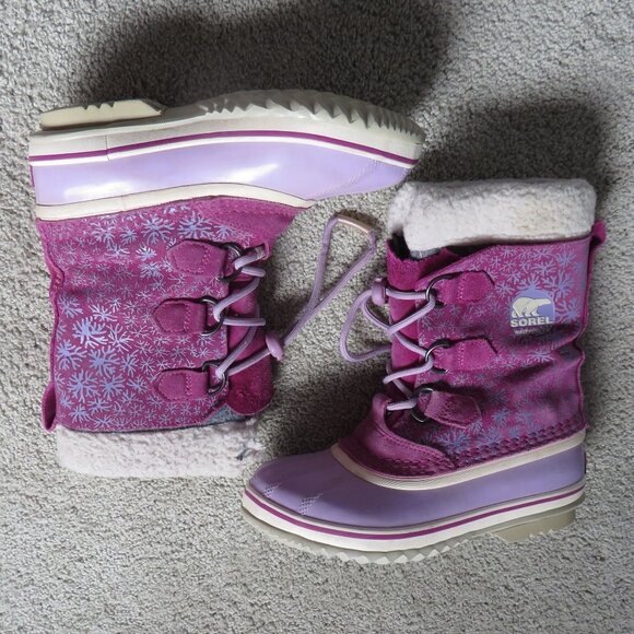 Sorel Little Girl Waterproof Winter Snow Boots Size 3 Purple Snowflake - Picture 2 of 9